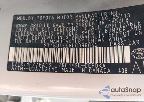 2013 Toyota Corolla L из США, поврежденный, VIN 2T1BU4EE8DC098652